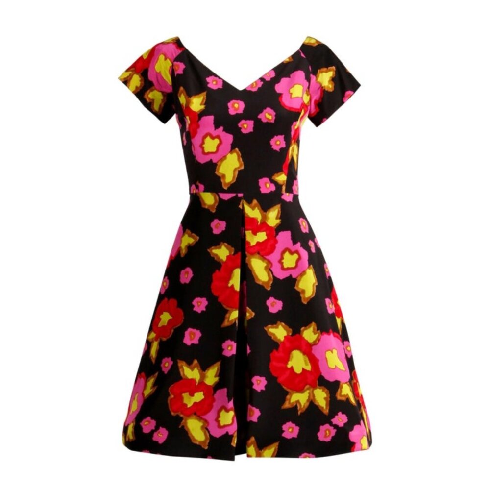 Vintage 80s-90s Arnold Scaasi Floral Silk Dress 10 Bright Pink Red Black Pin-up
